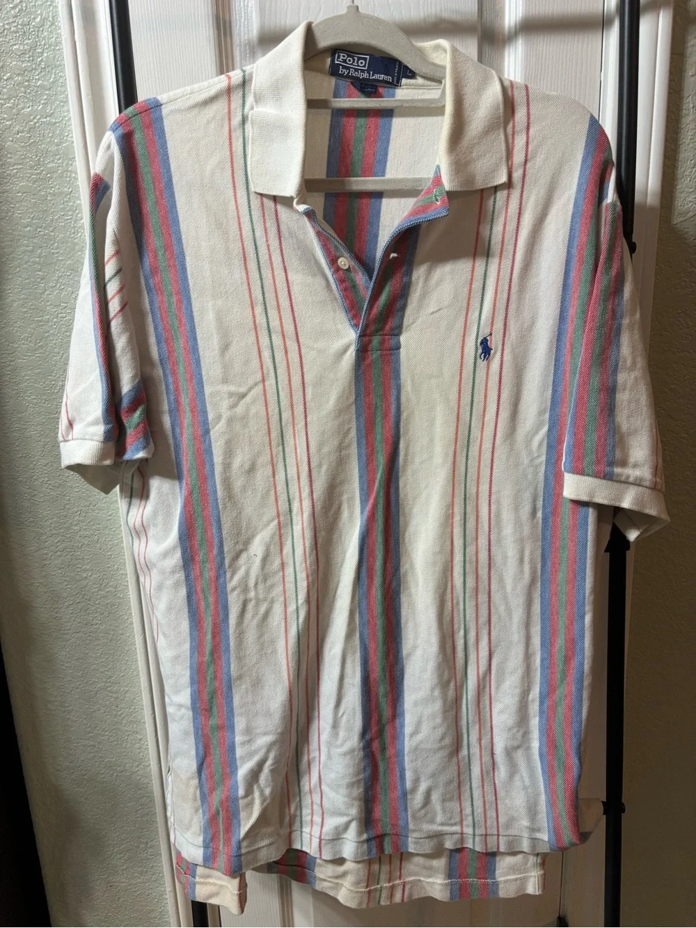 Polo by Ralph Lauren Cream Multicolor Striped Polo Shirt Vintage